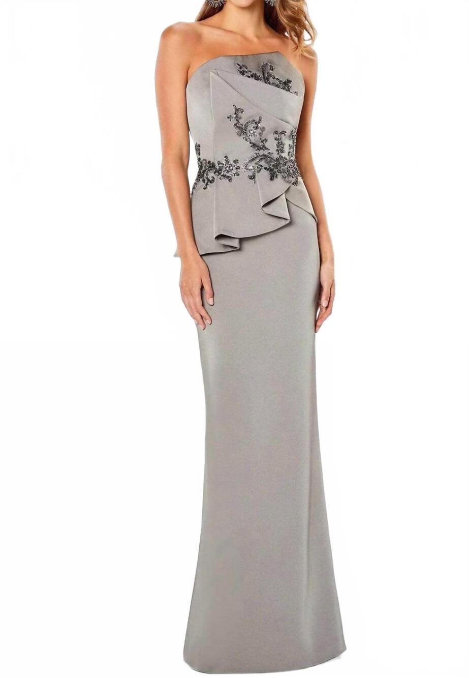 NEW MON CHERI montage strapless crepe gown in taupe